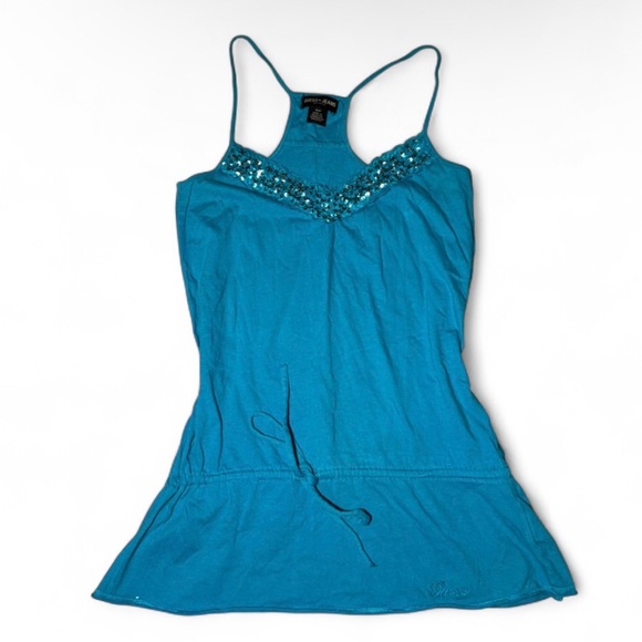 Guess Tops - Y2K vintage Guess Jeans blue sequin tank top with cinch tie 🪩